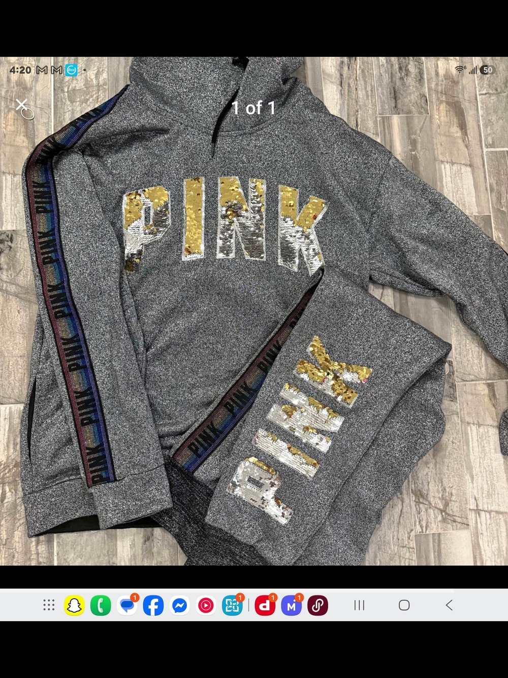 Victoria Secret PINK Bling Sequin Rainbow Tape Matching Hoodie Jogger Set Small